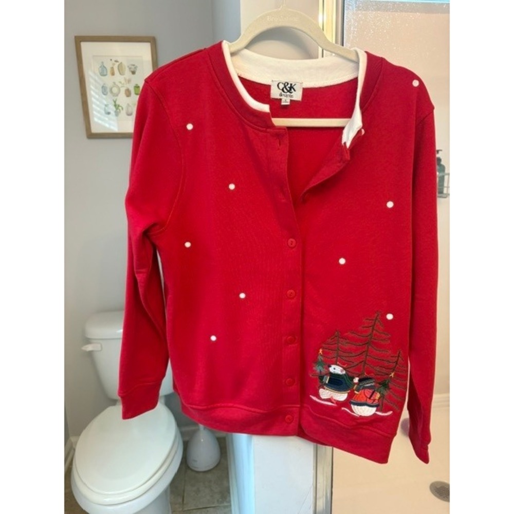 C&K Designs Christmas Sweatshirt Cardigan‎ Women's S Polar Bear Embroidered Red